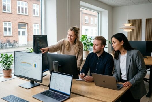 Moderne webbureau i Børglum med dansk team, computerarbejde og digitale skærme i naturligt lys