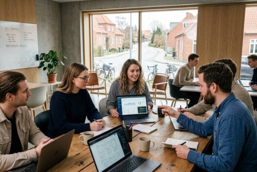 Moderne kontor med dansk webbureau i bøvlingbjerg, hvor et team arbejder med digital markedsføring