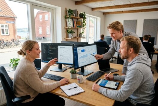 Realistisk kontor med dansk webbureau-team i Bogø By, der arbejder med webdesign og digitale løsninger