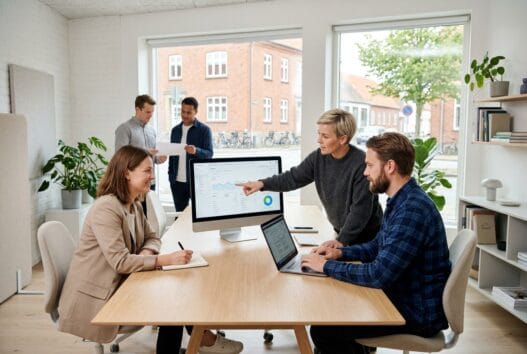 Moderne webbureau i Bolderslev med dansk team, der arbejder med digitale løsninger ved computere