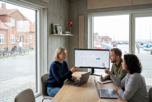 Moderne webbureau i bønnerup strand med skandinaviske medarbejdere, laptop og digitale dashboards