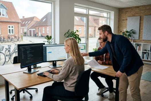 Skandinavisk team arbejder med webdesign og data på kontor i bonnet