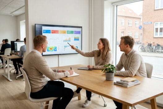Moderne webbureau i borbjerg med dansk team foran skærme og digitale løsninger