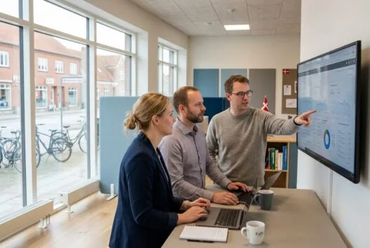 Dansk webbureau i Bording med team ved computer og digitale dashboards