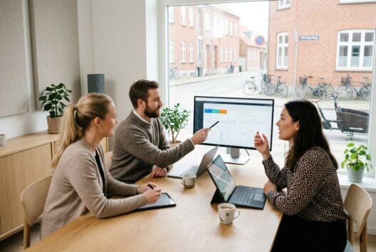 Dansk webbureau i Børkop med team ved computer og digitale dashboards i moderne kontor