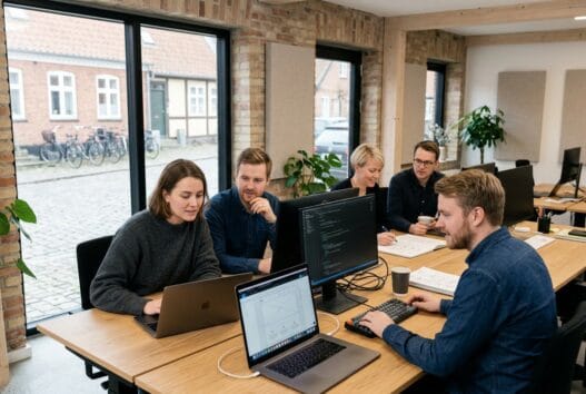 Skandinavisk team arbejder med webdesign og digitale løsninger på kontor i borre