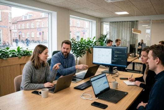 Moderne webbureau i Borris med danske medarbejdere foran skærme og digitale dashboards