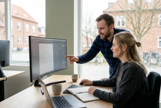 Moderne webbureau i Borup med dansk team ved computer og dashboards