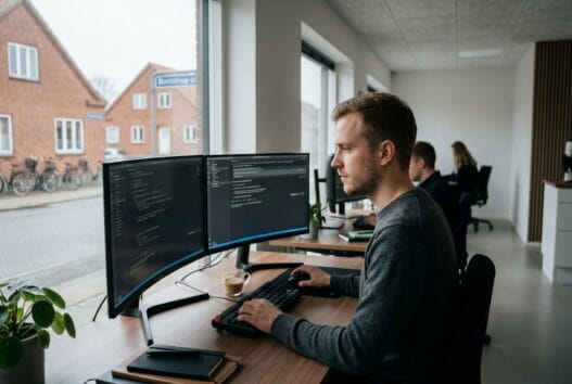 Dansk webbureau i Bovlstrup med team ved computere og dashboards i moderne kontormiljø