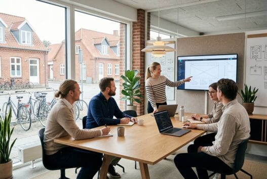 Dansk team arbejder med webdesign og digitale analyser på kontor i Bovrup