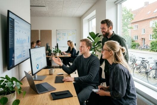 Dansk webbureau i Brondby med team ved computer og digitale dashboards