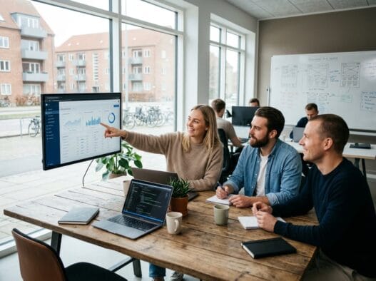 Skandinavisk webteam arbejder med digitale løsninger i Brædstrup på et moderne kontor