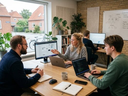 Moderne webbureau i brændekilde med skandinaviske medarbejdere ved computer og digitale dashboards
