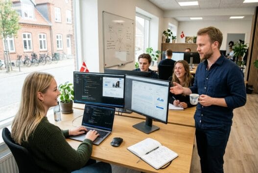 Skandinavisk team arbejder med webdesign og data på kontor i bramming