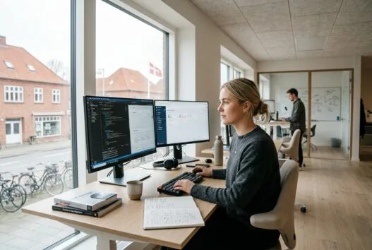Moderne webbureau i branderslev med dansk team foran skærme og digitale dashboards