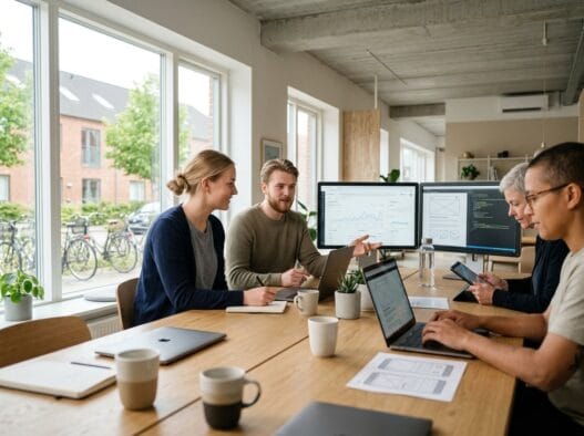 Skandinavisk webbureau i branderup med team, der arbejder ved computer med digitale dashboards