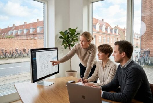 Skandinavisk webbureau i bredbjerg med team, der arbejder ved computer om design og digital strategi