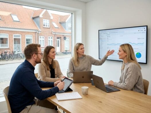 Moderne webbureau i bredsten med dansk team, der arbejder ved computere med digitale dashboards