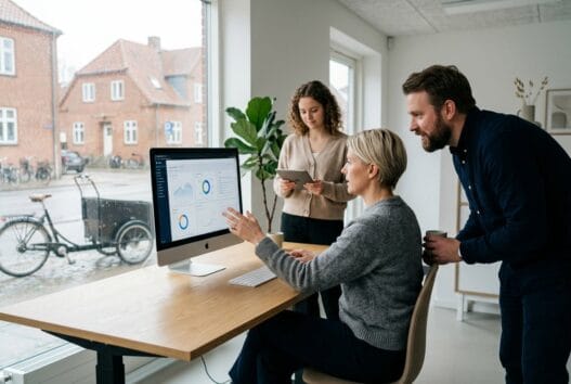 Moderne webbureau i bregninge (5700) med team ved computer og digitale dashboards