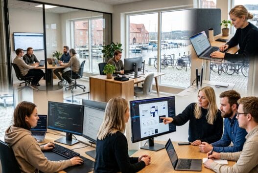 Dansk webbureau i brejning med team foran skærme og digitale dashboards i moderne kontor