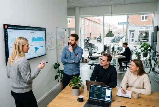 Moderne webbureau i Breum med dansk team, computerarbejde og digitale dashboards