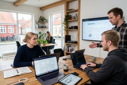 Dansk webbureau i Broager med team ved computer og dashboards i moderne kontormiljø