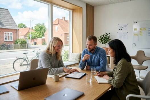 Moderne webbureau i broby overdrev med dansk team foran computer og dashboards
