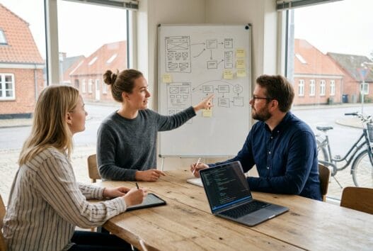 Skandinavisk webbureau i Brobyvaerk med team ved computere og digitale dashboards