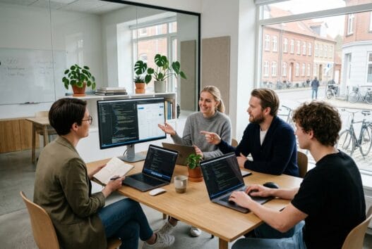 Skandinavisk webbureau i Brøderup med team ved computer og digitale dashboards
