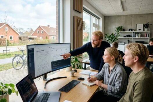 Skandinavisk webbureau i brødeskov med team, der arbejder ved computer i et lyst moderne kontor