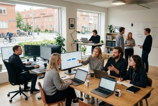 Moderne webbureau i Brøndby med team ved computer og digitale dashboards