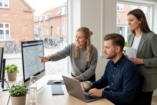 Moderne kontor med danske fagfolk, der arbejder med webdesign og digital markedsføring i Brønderslev
