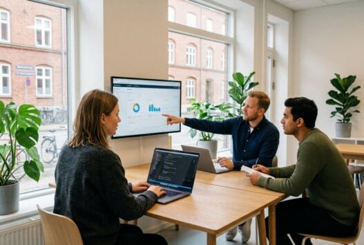 Skandinavisk webbureau i brøns med team ved computer, der arbejder med design, SEO og digitale løsninger