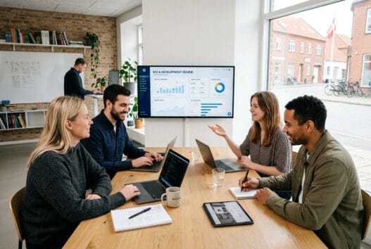 Moderne webbureau i Brovst med dansk team ved computer og digitale dashboards