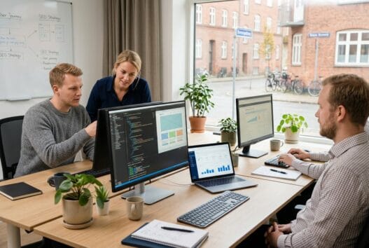 Dansk webbureau i brundby med team ved computer og digitale dashboards