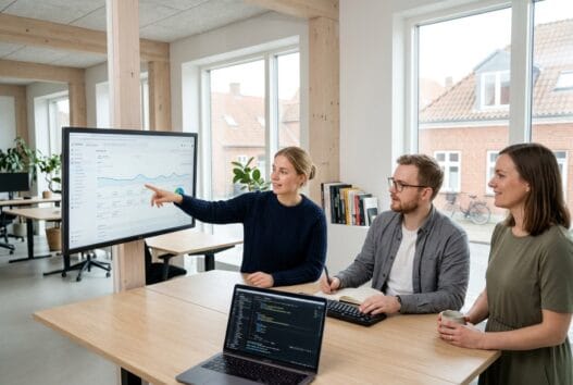 Dansk webbureau i bruunshaab med team ved computer og dashboards i moderne kontor