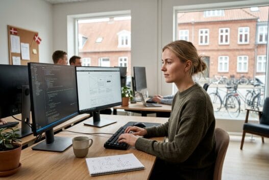 Dansk webbureau i Brylle med team ved computer og digitale dashboards