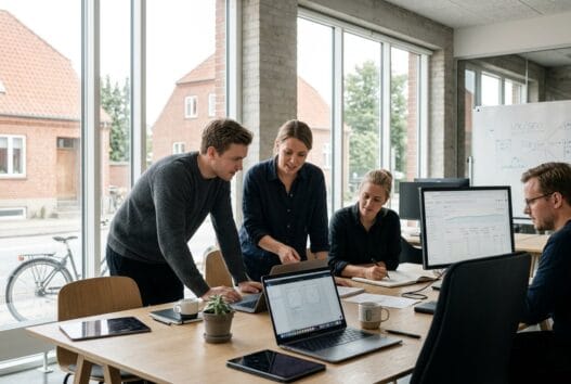 Skandinavisk webbureau i Bryrup med team ved computere og digitale dashboards