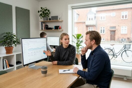 Moderne webbureau i Bullerup med team foran skærme og digitale dashboards