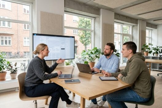 Realistisk team i et dansk bur-webbureau arbejder med webdesign, SEO og digitale dashboards