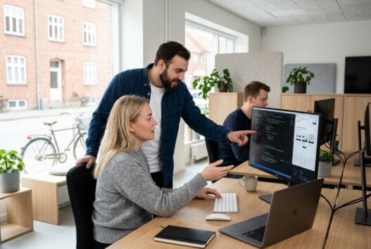Dansk webbureau i bybjerg med team ved computer og digitale dashboards