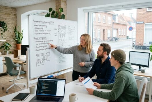 Skandinavisk webbureau i bylderup-bov med team ved computer og digitale dashboards