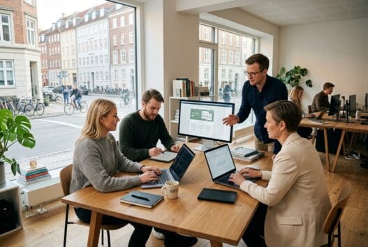 Moderne webbureau i byrum med team, der arbejder ved computer med digitale dashboards