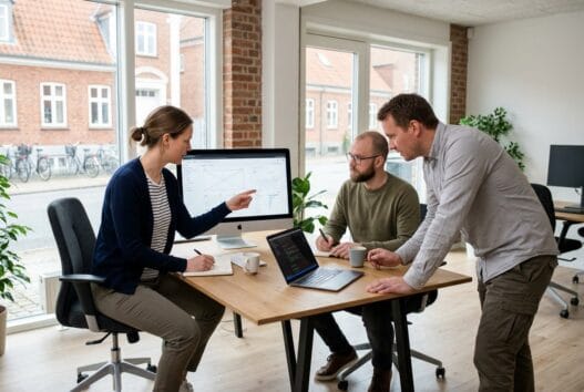 Moderne webbureau i christiansfeld med dansk team ved computer og digitale dashboards