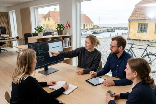 Dansk webbureau i Christiansø med team ved computer og digitale dashboards