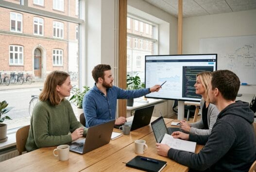 Realistisk webbureau i Dalby (5380) med dansk team foran skærme og digitale dashboards