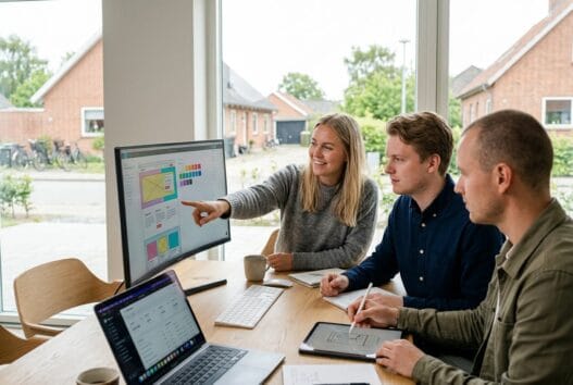 Moderne webbureau i dalby huse med danske medarbejdere foran computer og digitale dashboards