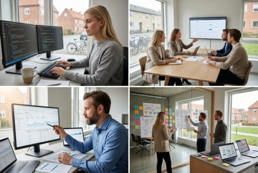 Moderne webbureau i dall villaby med team, der arbejder med digital strategi og design