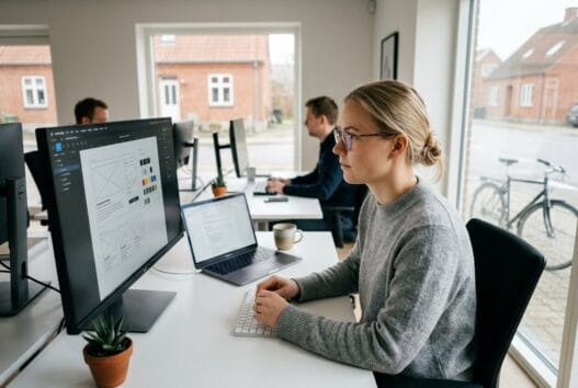 Moderne webbureau i dalmose med danske medarbejdere ved skærme og digitale arbejdsprocesser