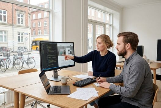 Dansk webbureau-team arbejder ved computere med dashboards i et moderne kontor